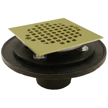 Jones Stephens 2in. No Hub Shower/Floor Drain with 6-1/2in. Pan and 4in. Polished Brass Cast Square Strainer D60413